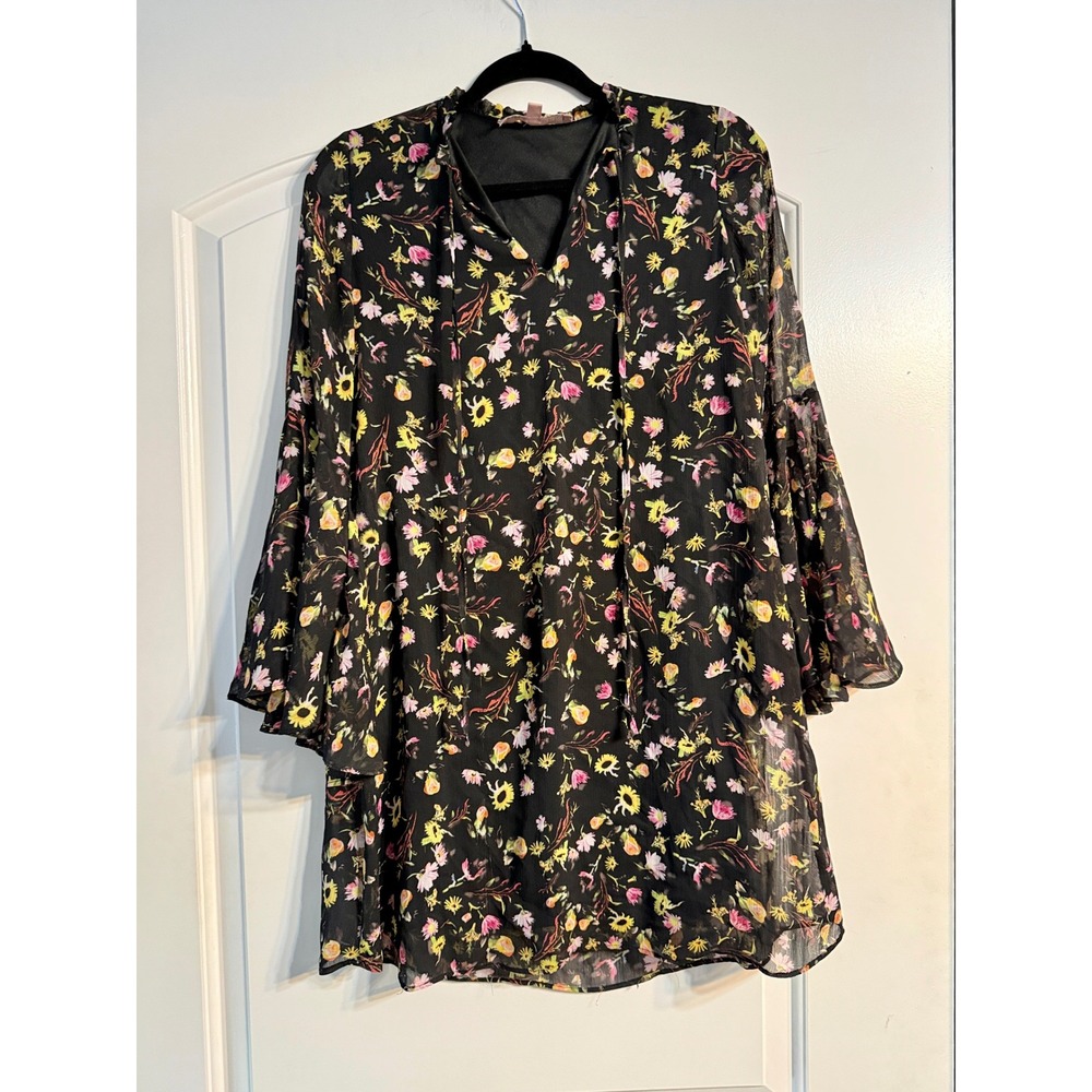 Philosophy Floral Mini Dress XS Black Bell Sleeve Tie Neck Boho Whimsigoth